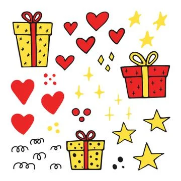 Set of different elements gifts, hearts, stars. Hand drawn vector illustration Stock Illustration