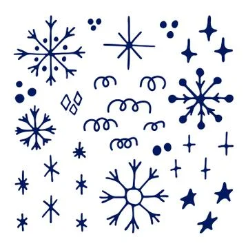 Set of different elements snow, stars. Hand drawn vector illustration. Party Stock Illustration