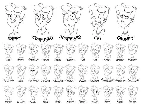 Set of different emotions boy character. Black and white cartoon character Stock Illustration