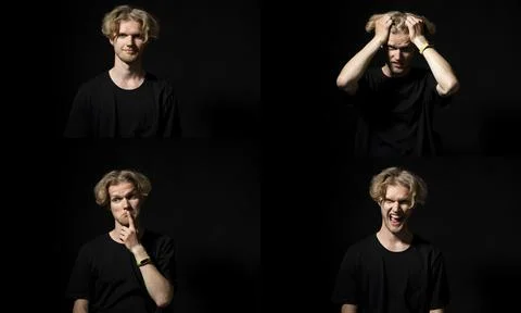 Set of different emotions. Collage with four different emotions in one young man Stock Photos