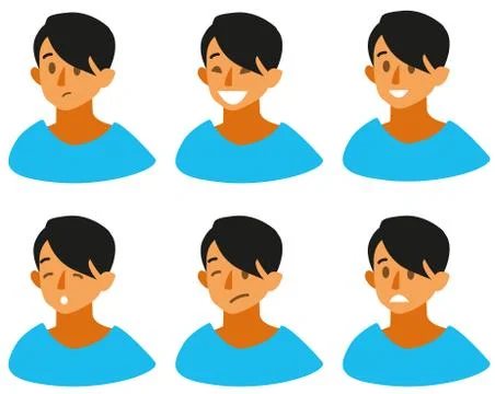 Set with different emotions on the guy s face joy, sadness, smile, anger, fear Stock Illustration