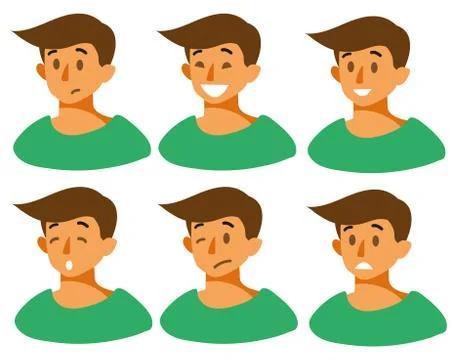 Set with different emotions on the guy s face joy, sadness, smile, anger, fear Stock Illustration