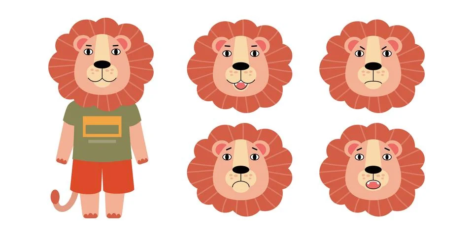 Set of different emotions of lion Stock Illustration