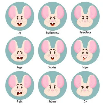 Set of different emotions of a mouse character. Facial expression. Set of mouse Stock Illustration