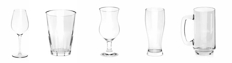 Set of different empty glasses on white background. 3D Rendering Stock Photos