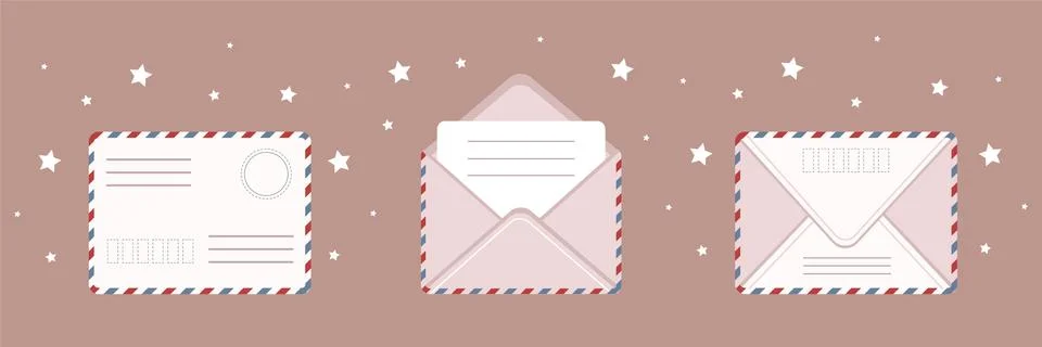 Set of different envelope. E-mail icon. Retro postcard and craft paper. Written Stock Illustration