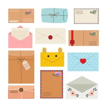 Set of different envelope set collection with mail, postmarks and postcards.. Stock Illustration