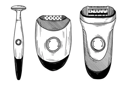 Set of different epilators, trimmers and shaving machine. Vector Illustrazione stock