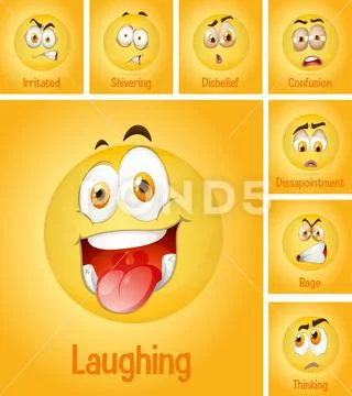 Set of different faces emoji with its description on yellow background ...