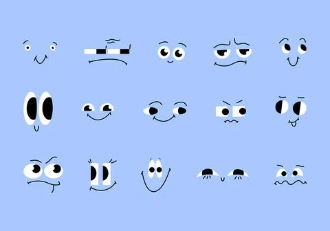 Set of different faces with emotions in retro cartoon style. Stock Illustration
