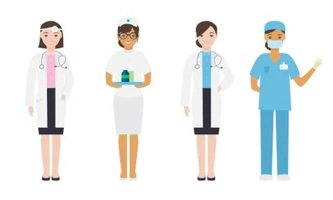 Set of different female doctors and nurses in medical attire engaged in their Stockillustratie