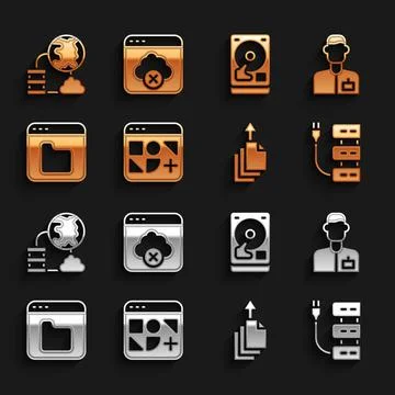 Set Different files, Analyst engineer, Server, Data export, Browser, Hard disk Stock Illustration