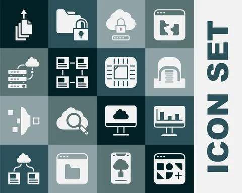 Set Different files, Monitor with graph chart, Hangar servers, Cloud computing Stockillustratie