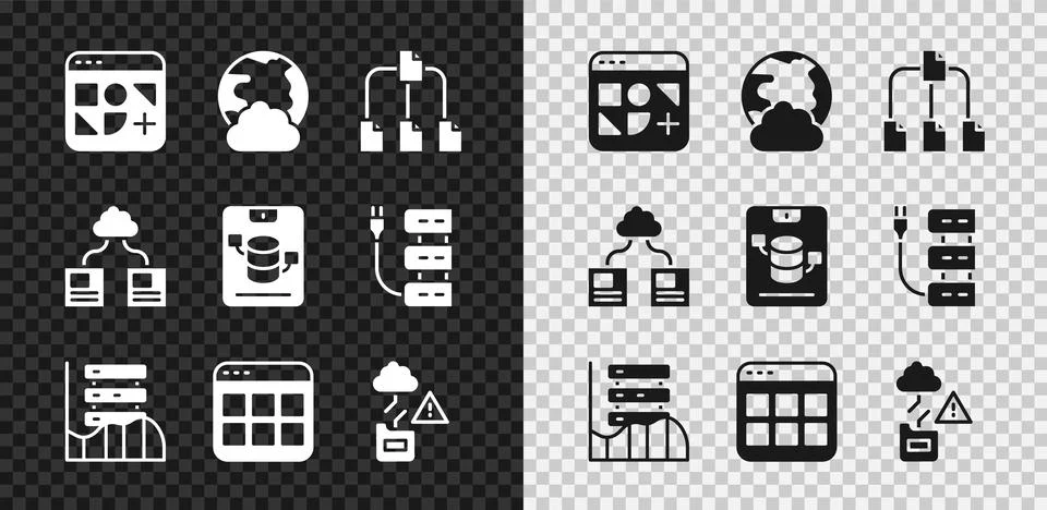 Set Different files, Social network, Folder tree, Server, Data, Web Hosting 스톡 일러스트