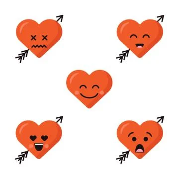 Set of different flat cute emoji heart faces with arrow isolated on the white Stock Illustration