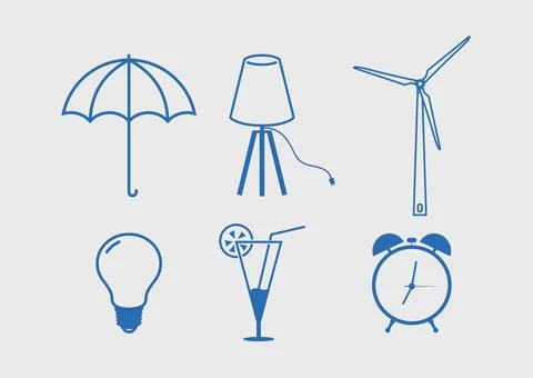 Set of different flat icons, wind energy, lamp, light bulb, umbrella, cocktai Illustrazione stock