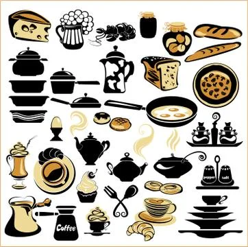 Set of different food - bread, pie, biscuit, cakes, eaggs, omelette, cheese, Illustrazione stock