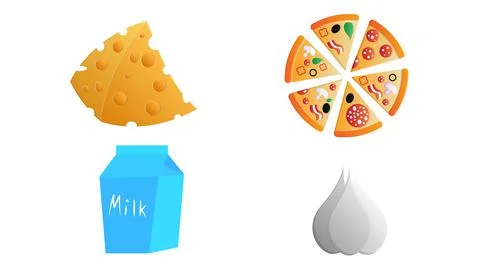 Set Of Different Food - Bread, Pie, Biscuit, Cakes, Eaggs, Omelette, Cheese,  Stock Illustration