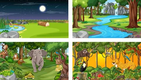 Set of different forest horizontal scene with various wild animals Ilustração Stock