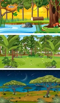 Set of different forest horizontal scenes in different times Ilustração Stock
