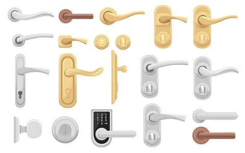 Set of different form lock metal silver and gold door or window handle set flat Stock Illustration