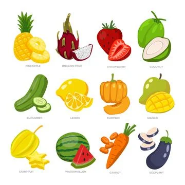 Set of different fresh sliced fruits set collection, healthy fresh food for.. Stock Illustration