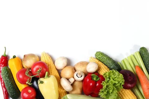 Set of different fresh vegetables on a white background top view. Stock-Fotos