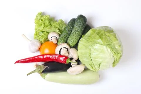 Set of different fresh vegetables on a white background top view. Stock-Fotos