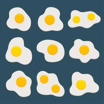 Set of different fried eggs icons. Isolated on dark blue background. Stock Illustration