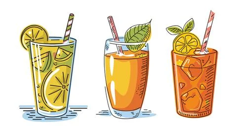 Set of different fruit juice in glass with pipe. Stock Illustration