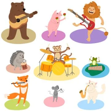 Set of different funny animals playing various musical instruments Stock Illustration
