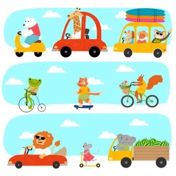 Set of different funny animals riding various vehicles outdoors Illustrazione stock