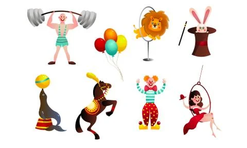 Set of different funny circus elements, people, animals, and decorations. Vector Stock Illustration