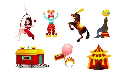 Set of different funny circus elements, people, animals, and decorations. Vector Stock Illustration