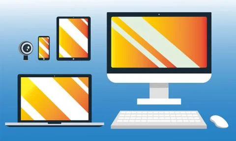 Set of different gadgets with blank screens over blue background. Stock Illustration