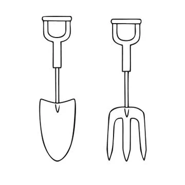 Set of different garden tools. Shovel, rake, pitchfork, spade Stock Illustration