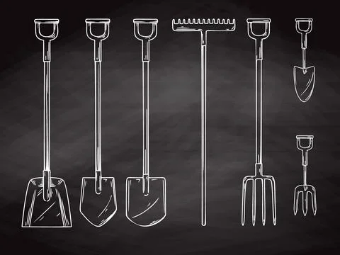 Set of different garden tools. Shovel, rake, pitchfork, spade. Vector illustr Stock Illustration
