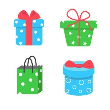 Set of different gift boxes and bags, vector illustration in cartoon flat style. Stock Illustration