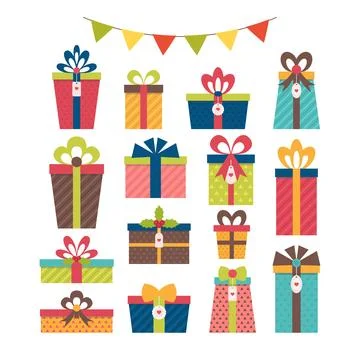 Set of different gift boxes. Christmas presents. Flat design. Colorful wrap.. Stock Illustration