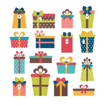 Set of different gift boxes. Colorful wrapped gift boxes. Birthday surprise.. Stock Illustration