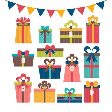 Set of different gift boxes. Colorful wrapped gift boxes. Birthday surprise.. Stock Illustration