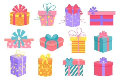 Set of different gift boxes. Cute holiday presents wrapped in festive paper.. Stock Illustration