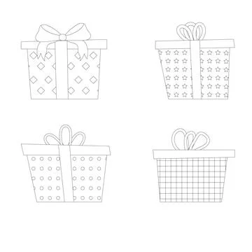 Set of different gift boxes. Flat vector illustration. Color book Stock Illustration