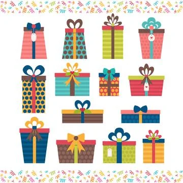 Set of different gift boxes. Flat design. Birthday surprise. Colorful wrapp.. Stock Illustration