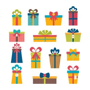 Set of different gift boxes. Flat design. Colorful wrapped gift boxes. Birt.. Stock Illustration
