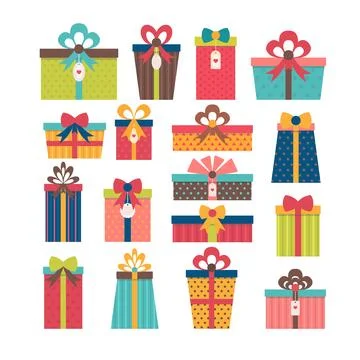 Set of different gift boxes. Flat design. Colorful wrapped gift boxes. Chri.. Stock Illustration