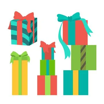 Set of different gift boxes with ribbon bows. Holiday colored present boxes, Stock Illustration