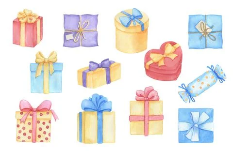 Set of different gift boxes. Watercolor drawing purple and red gift box with bow Illustrazione stock