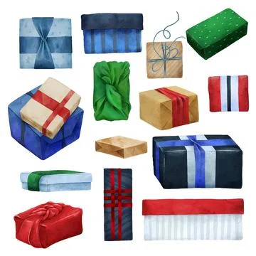Set of different gift boxes wrapped in paper and fabric Stock Illustration