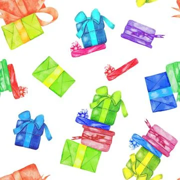 A set of different gifts. Seamless pattern. Watercolor Stock Illustration